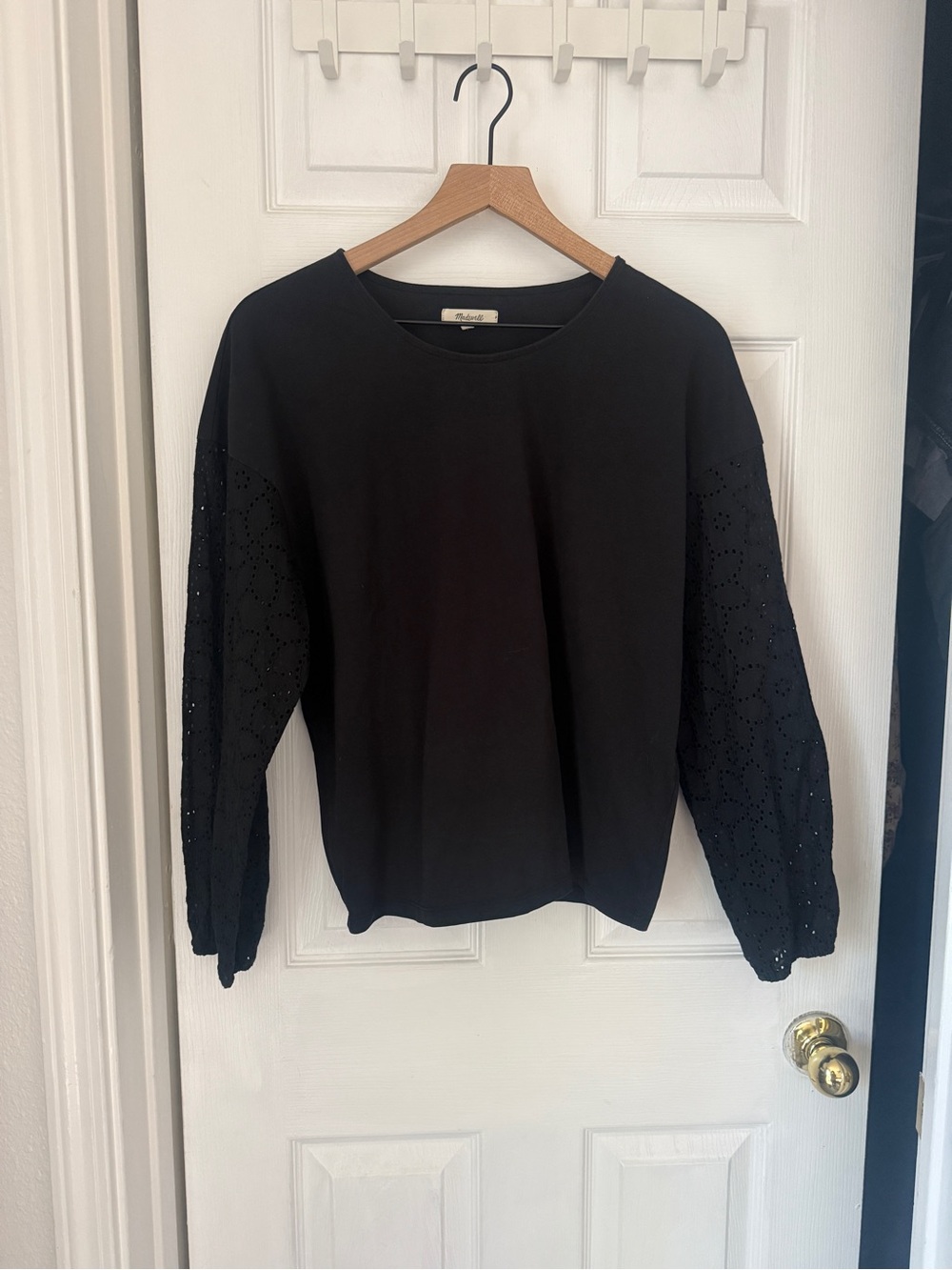 Madewell Eyelet-Sleeve Mixed Media Tee Black Blouse Size M